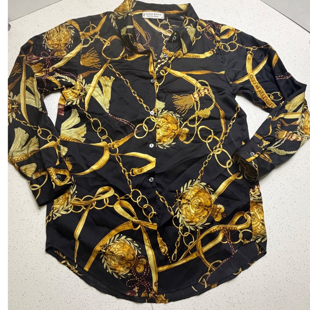Jon & Anna Contemporary Black Gold Baroque Chain Print Button Down Shirt S